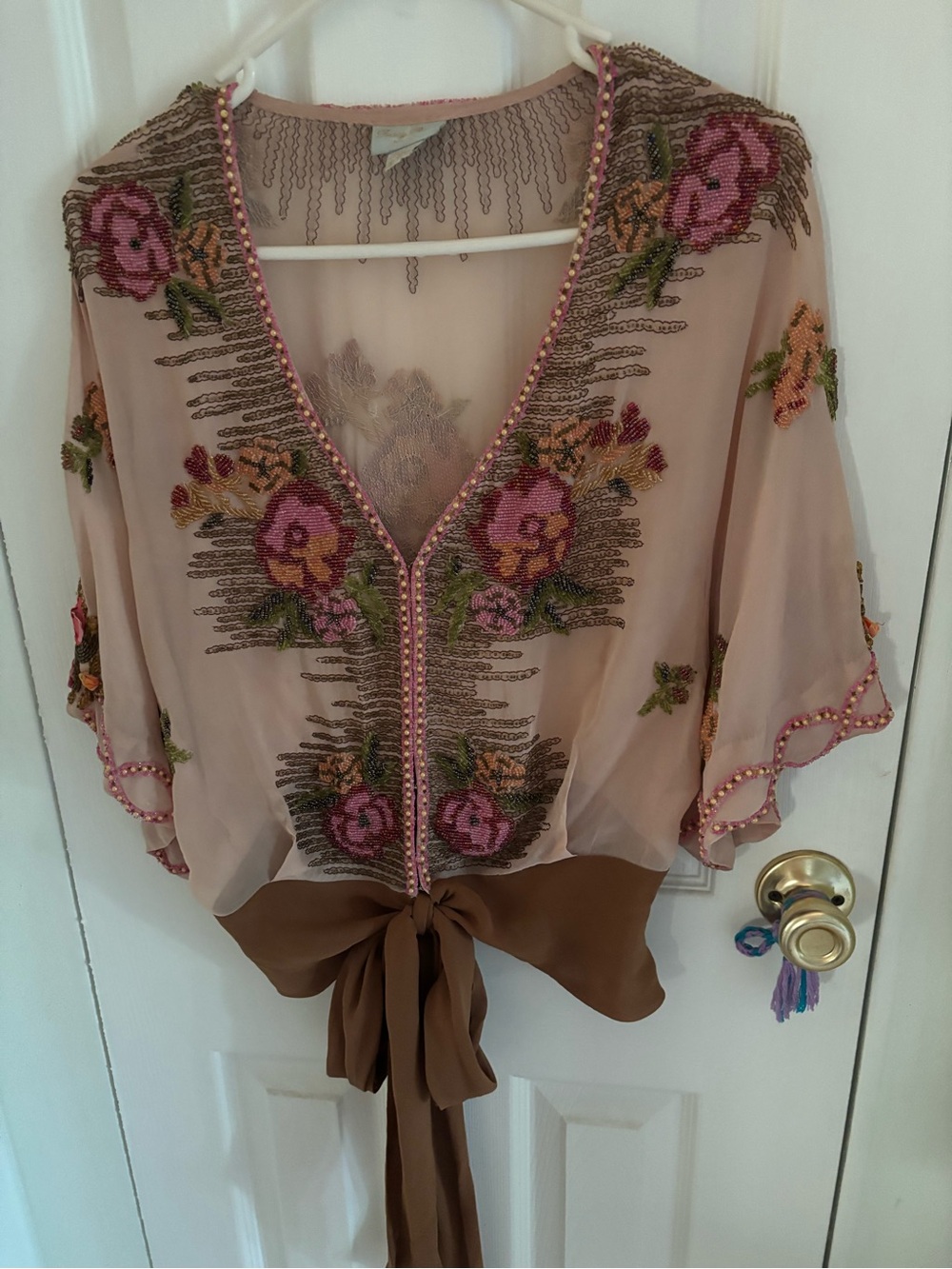 Tracy Reese Pink Sheer Embroidered Floral Tie-Front Tunic